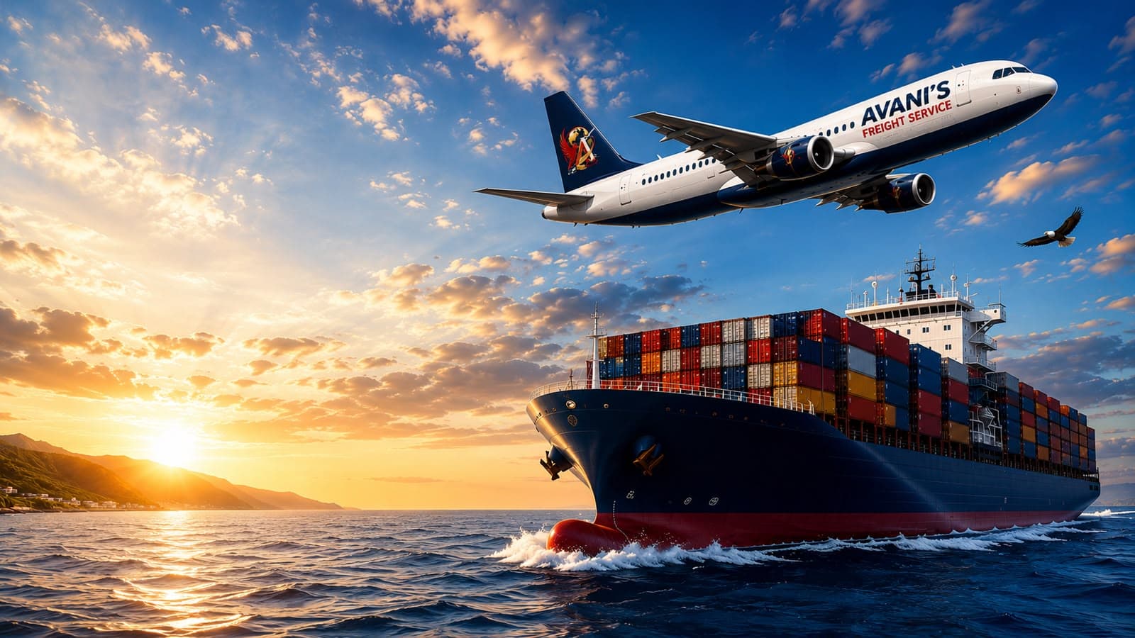 Cargo aircraft and container ship travelling from the United States to Jamaica